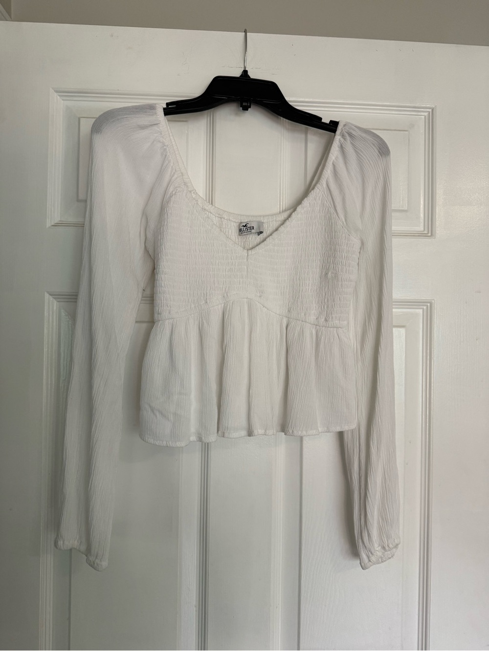 Hollister White Smocked Peplum Long-Sleeve Crop Top